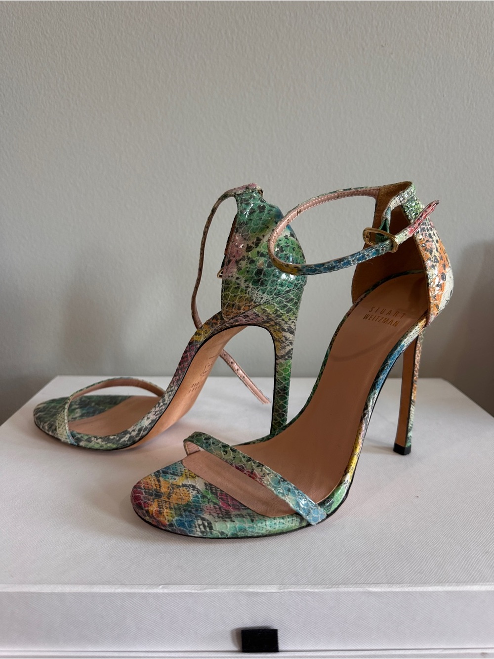 Stuart Weitzman Multi-Color Snake-Print Ankle Strap Heels